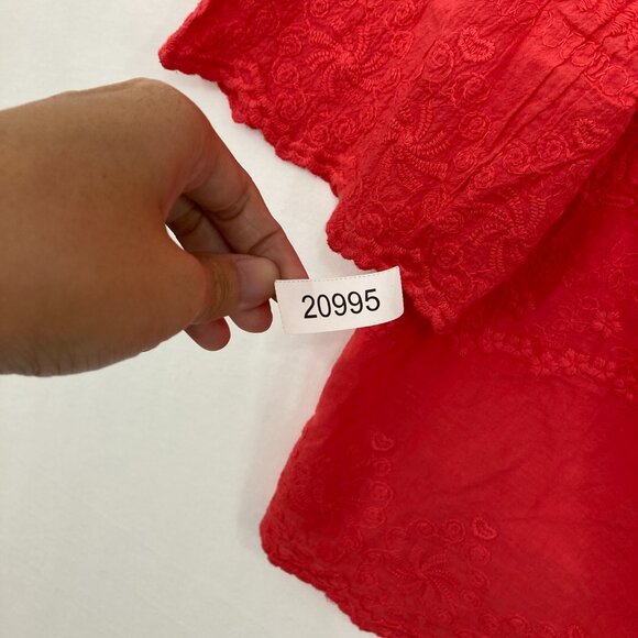 Solitaire 1X Red Embroidered Textured Flare Sleeve Boho Button Down Vacation - Picture 10 of 10